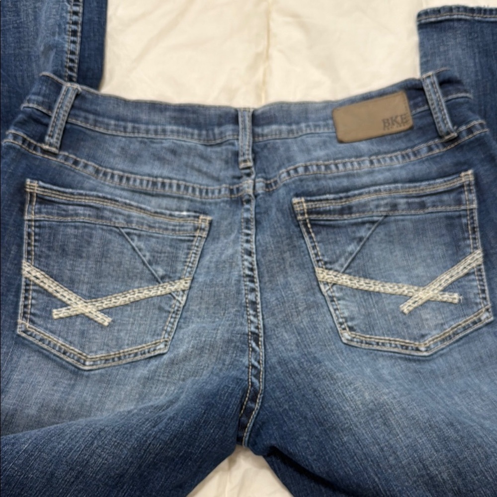BKE Blue Bootcut Jeans with Distressed Finish